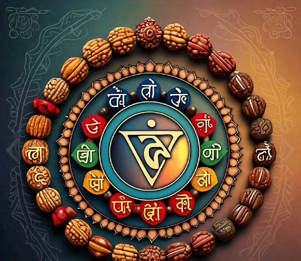 An illustration depicting the seven chakras with corresponding Rudraksha beads, symbolizing their connection and significance in spiritual practices 5